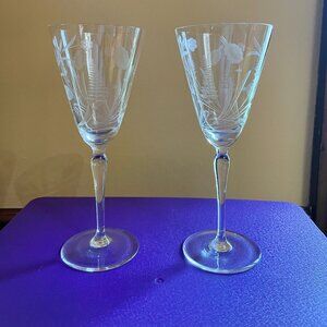 Etched glass wine or water goblets